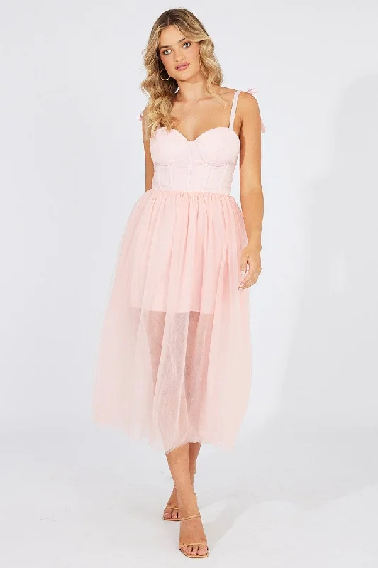 Midi dresses with cold - shoulder cutouts for a trendy style Pink Midi Dress Tulle Corset Detail Occasion Dress Midi dresses with cold - shoulder cutouts for a trendy style Pink Midi Dress Tulle Corset Detail Occasion Dress