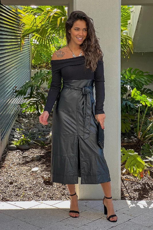  Black Off Shoulder Dress With Faux Leather