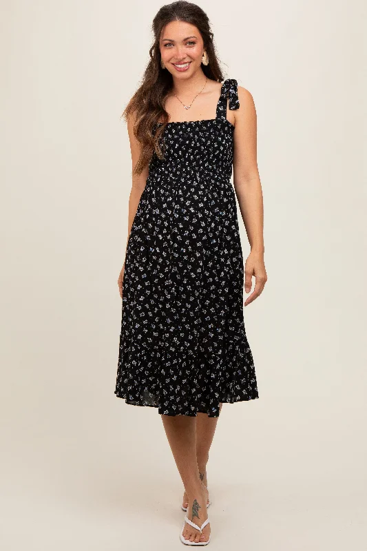 Maternity dress for a baby's first visit to the forest Black Floral Sleeveless Knotted Strap Maternity Dress Maternity dress for a baby's first visit to the forest Black Floral Sleeveless Knotted Strap Maternity Dress
