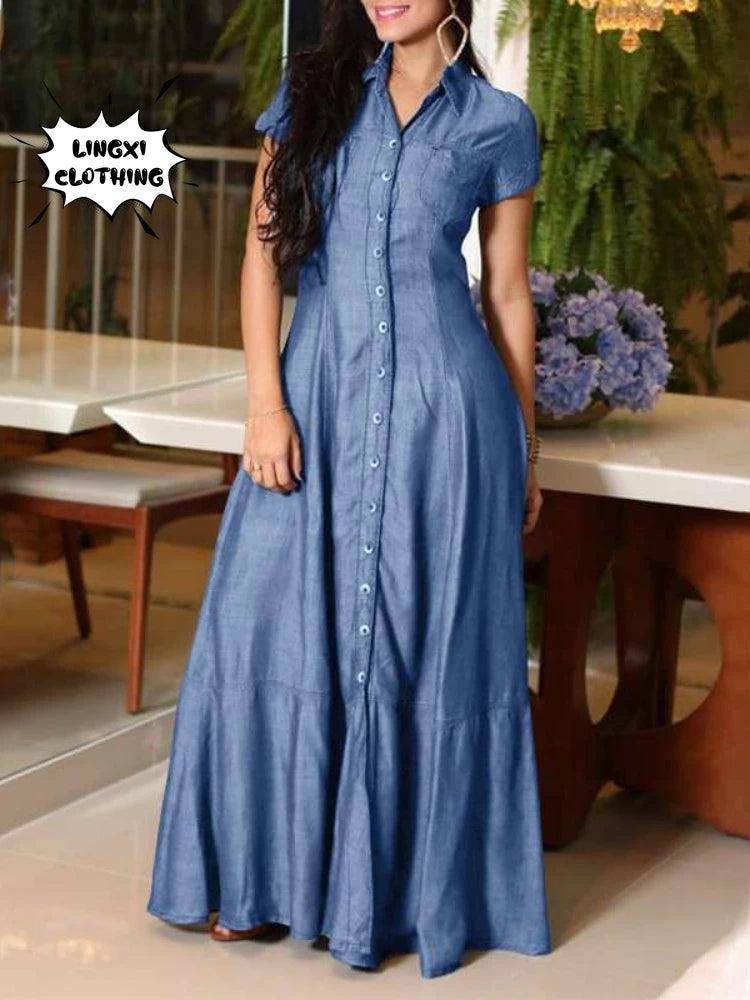  Denim Swing Dress with Long Dress with Pocket