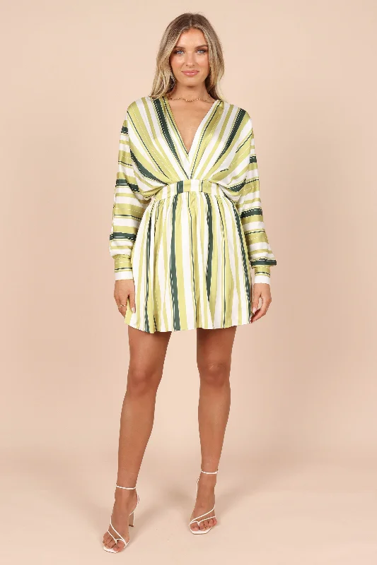 Plaid mini dresses for fall fashion Veronica Long Sleeve Mini Dress - Green Stripe