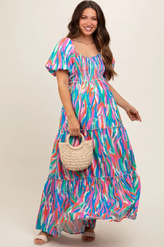 Maternity dress for a baby's first visit to the museum Blue Multi Color Print Puff Sleeve Maternity Maxi Dress Maternity dress for a baby's first visit to the museum Blue Multi Color Print Puff Sleeve Maternity Maxi Dress