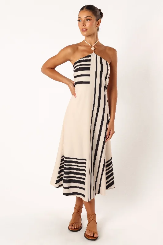 Midi dresses with ribbed textures for a unique and tactile appearance Deana Halterneck Midi Dress - Cream Black Midi dresses with ribbed textures for a unique and tactile appearance Deana Halterneck Midi Dress - Cream Black