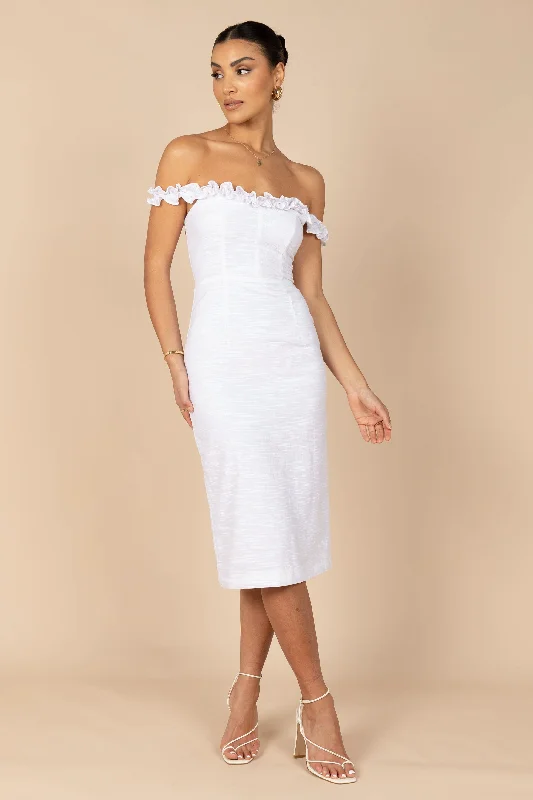 Midi dresses with patchwork patterns for a one - of - a - kind style Florez Dress - White Midi dresses with patchwork patterns for a one - of - a - kind style Florez Dress - White