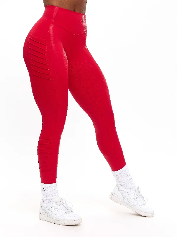 Women's Tight Trousers with Mesh Panels in Black for a Sexy and Modern AppearanceMoto Pocket Legging - Red Hot Patent Women's Tight Trousers with Mesh Panels in Black for a Sexy and Modern AppearanceMoto Pocket Legging - Red Hot Patent