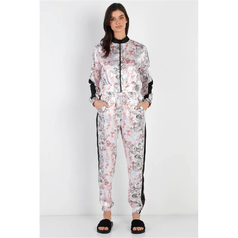 Plus Size Women's Metallic - Finish Joggers for a Stylish LoungeBlack Contrast Satin Effect Multi Color Print Zip-up Jacket & Pants Set Plus Size Women's Metallic - Finish Joggers for a Stylish LoungeBlack Contrast Satin Effect Multi Color Print Zip-up Jacket & Pants Set