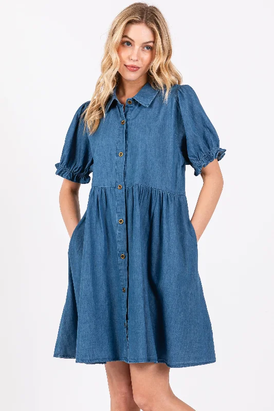 plunge push up bras for a bold lookBlue Chambray Puff Sleeve Button Down Dress