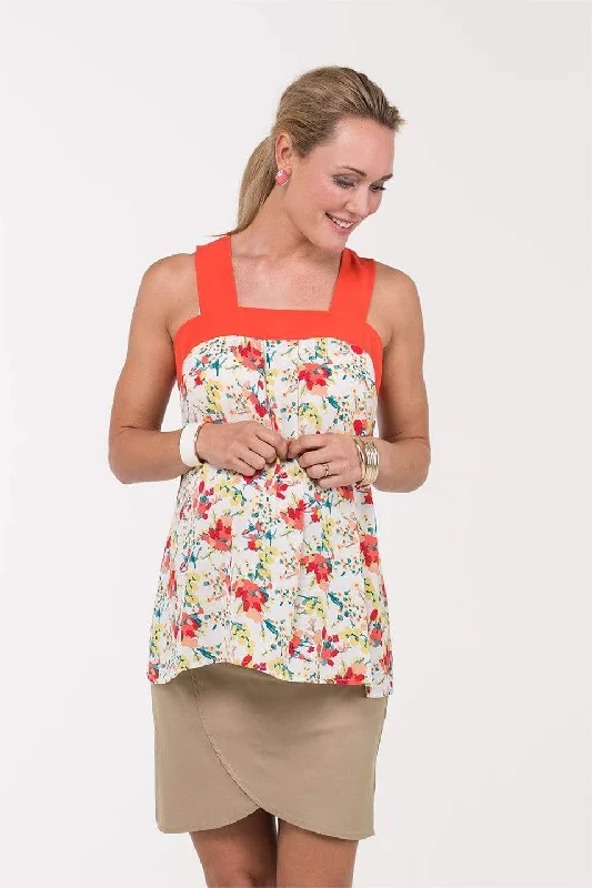 t - shirt bras for a smooth look under clothesWoven Sleeveless Binnie Flare Top Orange Floral