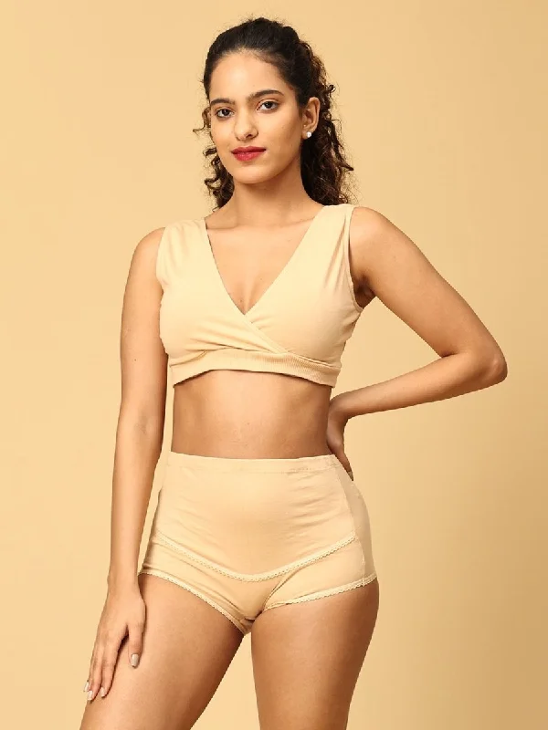 lace balconette bras for a luxurious feelCombo Of Maternity Nursing Sleep Bra and Overbelly Support Panties -Beige lace balconette bras for a luxurious feelCombo Of Maternity Nursing Sleep Bra and Overbelly Support Panties -Beige