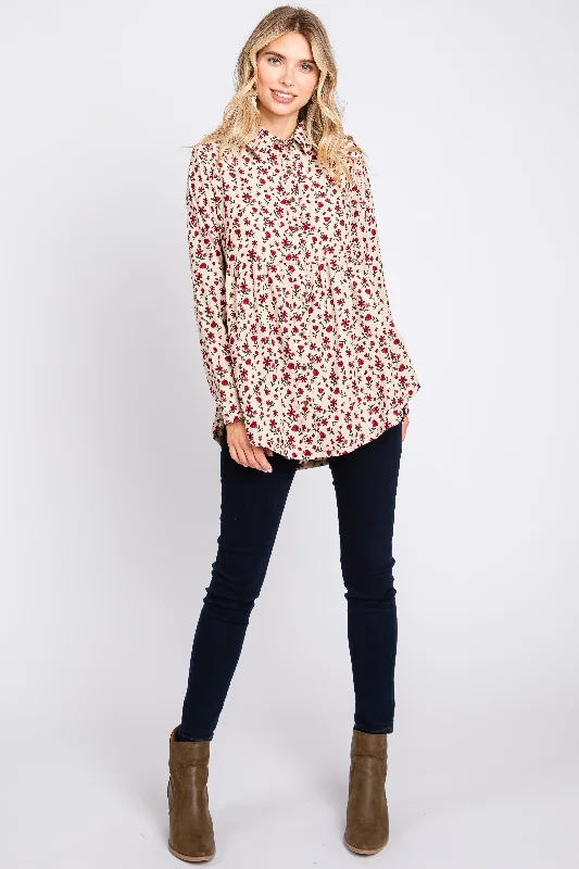 wireless bras for a natural feelCream Floral Corduroy Button Up Top