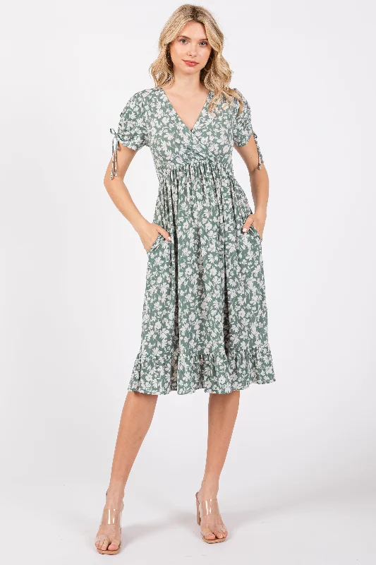 wireless bras for a natural feelLight Olive Floral Wrap Midi Dress