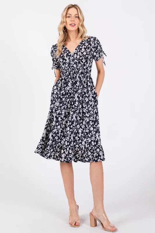 sports bras for high impact workoutsNavy Blue Floral Wrap Midi Dress