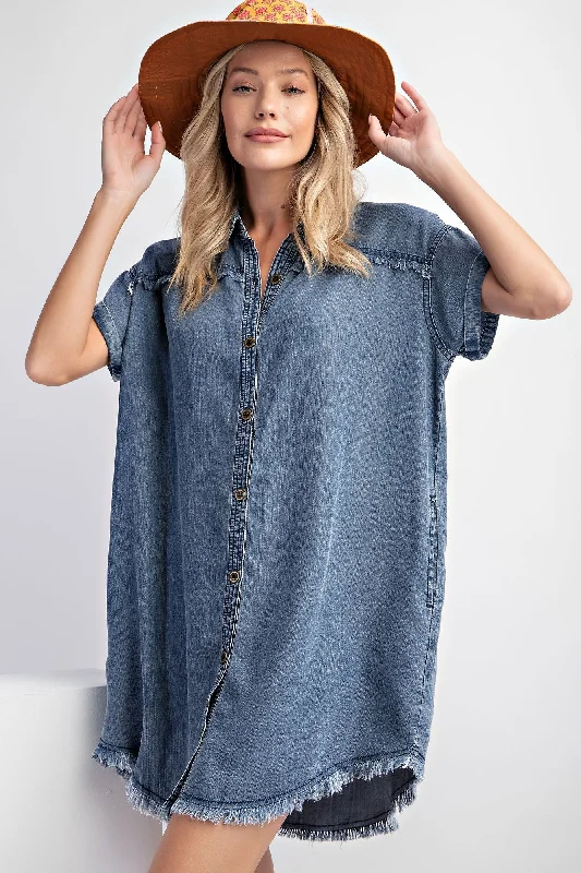 plunge bras for low cut topsNavy Chambray Frayed Button Down Dress