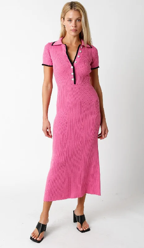 sleep bras for all night comfortPink Ribbed Knit Collared Button Front Dress