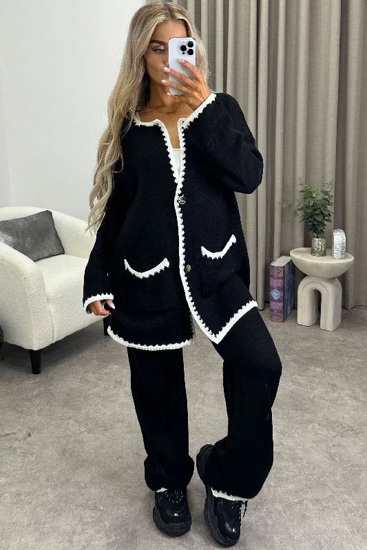 machine washable women cardigan for easy careAmari Black Contrast Trim Knitted Cardigan and Wide Leg Trousers Co-Ord Set