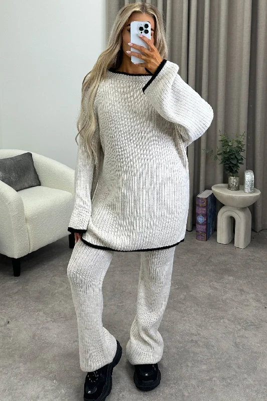 sequin embellished women cardigan for special occasionsAngela Beige Contrast Trim Rib Jumper and Wide Leg Trousers Knit Co-Ord Set sequin embellished women cardigan for special occasionsAngela Beige Contrast Trim Rib Jumper and Wide Leg Trousers Knit Co-Ord Set