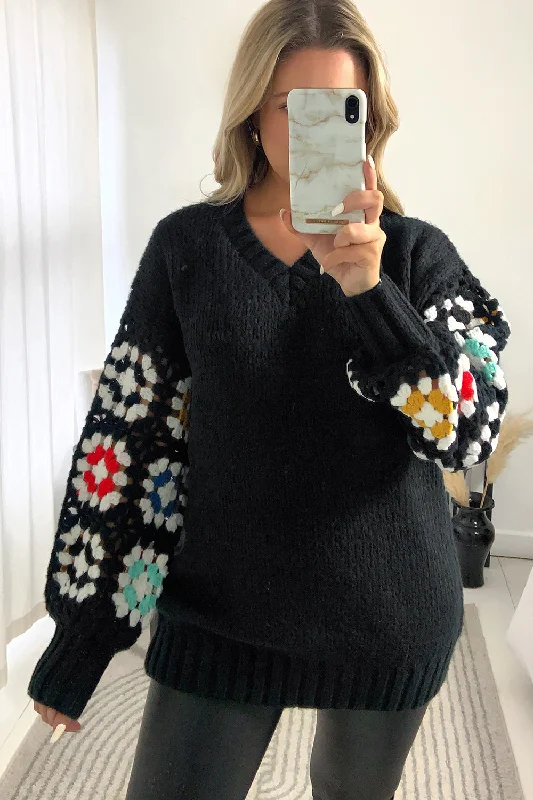long length women cardigan with side slitsAnita Black Crochet Pattern V Neck Knitted Jumper long length women cardigan with side slitsAnita Black Crochet Pattern V Neck Knitted Jumper