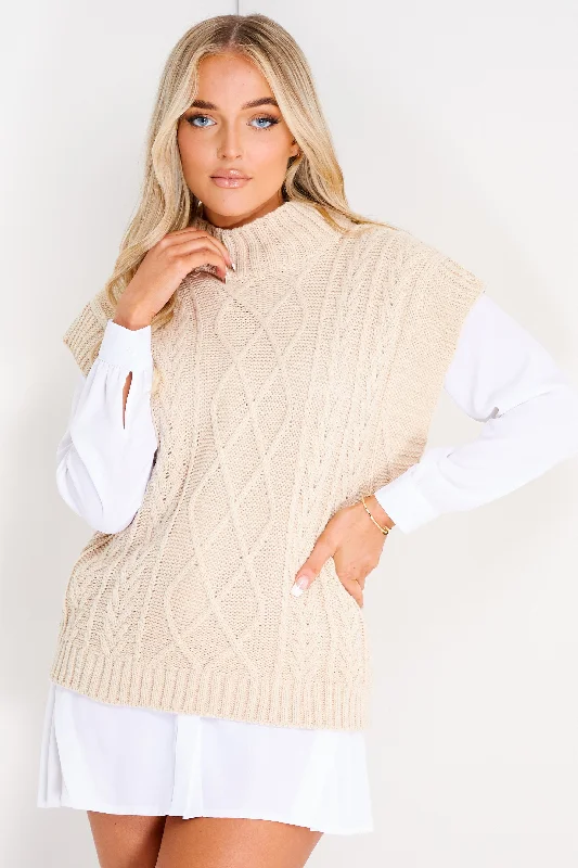 Hazel Beige High Neck Cable Knit Vest Top