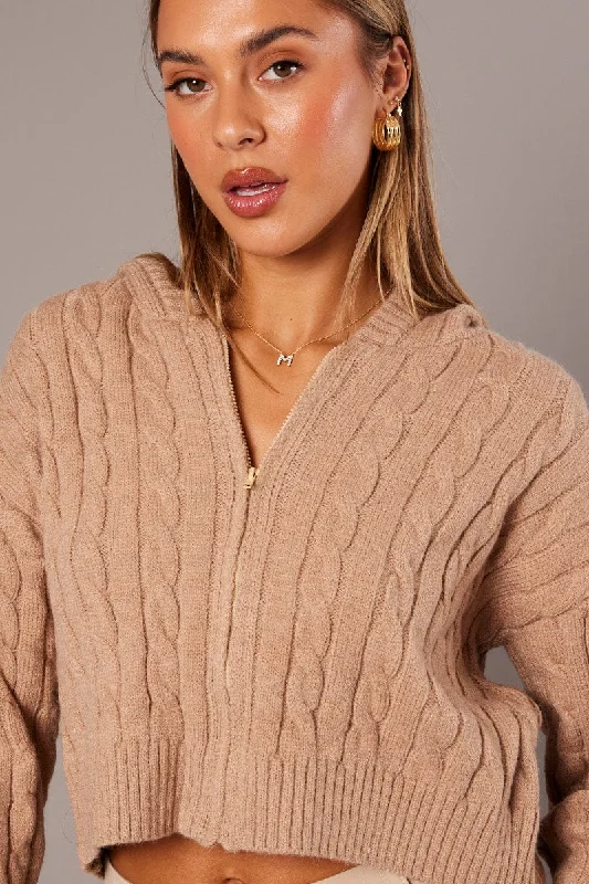 hand knitted women cardigan with artisanal charmBeige Hooded Cardigan Long Sleeve Cable Knit Zip Up hand knitted women cardigan with artisanal charmBeige Hooded Cardigan Long Sleeve Cable Knit Zip Up