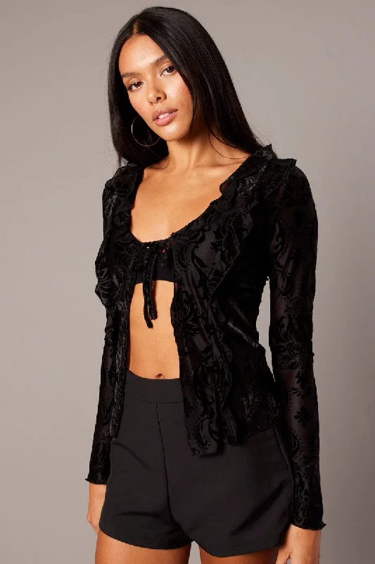 long length women cardigan with side slitsBlack Ruffle Cardigan Long Sleeve