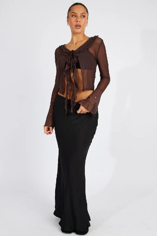 cable knit women cardigan with intricate patternsBrown Mesh Cardigan Long Sleeve