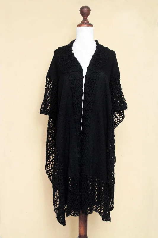 cropped women cardigan to pair with high - waisted jeansEbony Whisper Lacy Knitted Black 100% Alpaca Long Kimono Cape from Peru cropped women cardigan to pair with high - waisted jeansEbony Whisper Lacy Knitted Black 100% Alpaca Long Kimono Cape from Peru