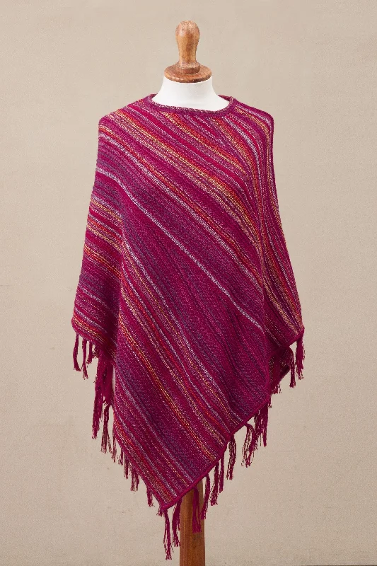 long length women cardigan with side slitsFestive Flair 100% Alpaca Knit Poncho Fuchsia with Stripes and Tassels long length women cardigan with side slitsFestive Flair 100% Alpaca Knit Poncho Fuchsia with Stripes and Tassels