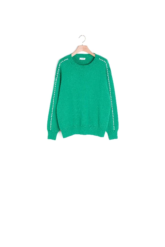 hand knitted women cardigan with artisanal charmPull avec perles sur les manches
