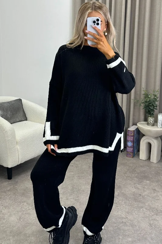 ribbed women cardigan with a classic textureNaila Black Stripe Contrast Trim Knitted Jumper and Wide Leg Trousers Co-Ord Set ribbed women cardigan with a classic textureNaila Black Stripe Contrast Trim Knitted Jumper and Wide Leg Trousers Co-Ord Set