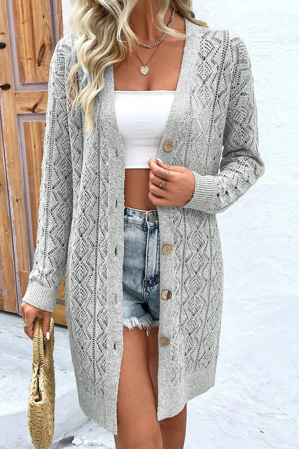color block women cardigan with bold huesOpenwork Button Down Long Sleeve Cardigan