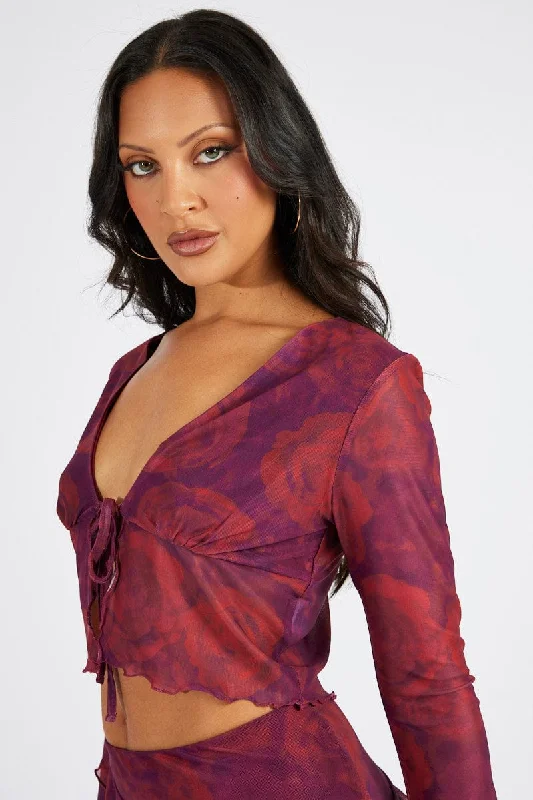 cropped women cardigan to pair with high - waisted jeansRed Floral Tie up Cardigan Long Sleeve cropped women cardigan to pair with high - waisted jeansRed Floral Tie up Cardigan Long Sleeve