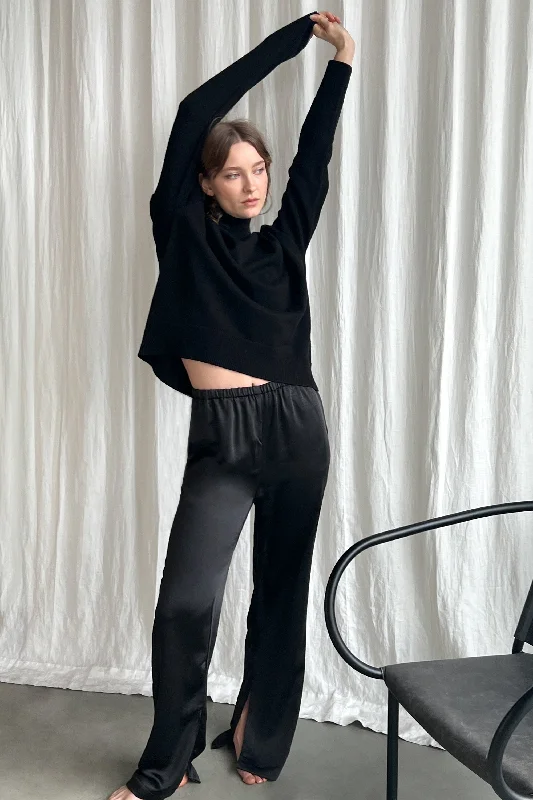 color block women cardigan with bold huesSATIN PANTS WITH FRONT SLITS