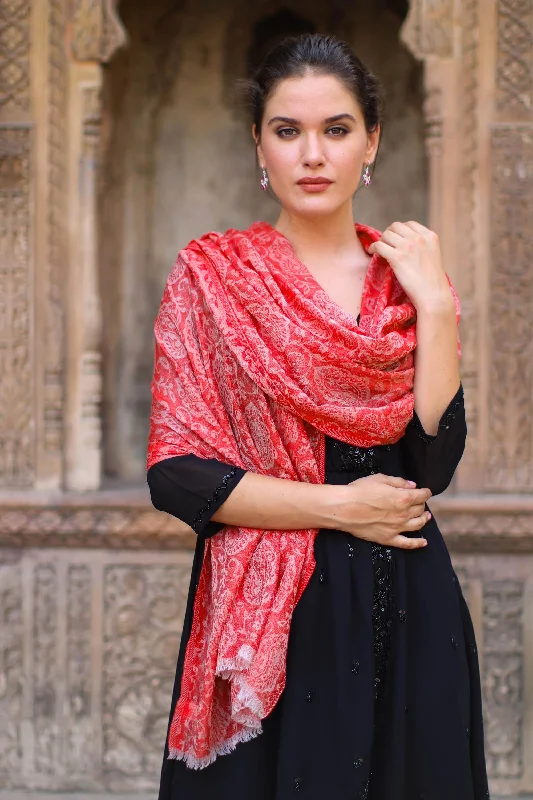 plus size women cardigan for comfortable layeringStrawberry Paisley Woven Indian Wool Shawl with Paisley Motifs in Strawberry plus size women cardigan for comfortable layeringStrawberry Paisley Woven Indian Wool Shawl with Paisley Motifs in Strawberry
