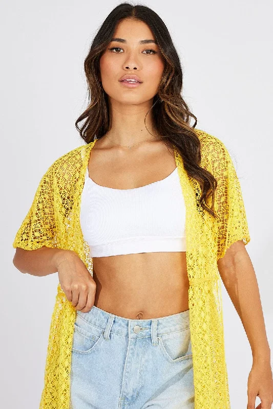 maternity women cardigan for expecting momsYellow Crochet Cardigan Short Sleeve