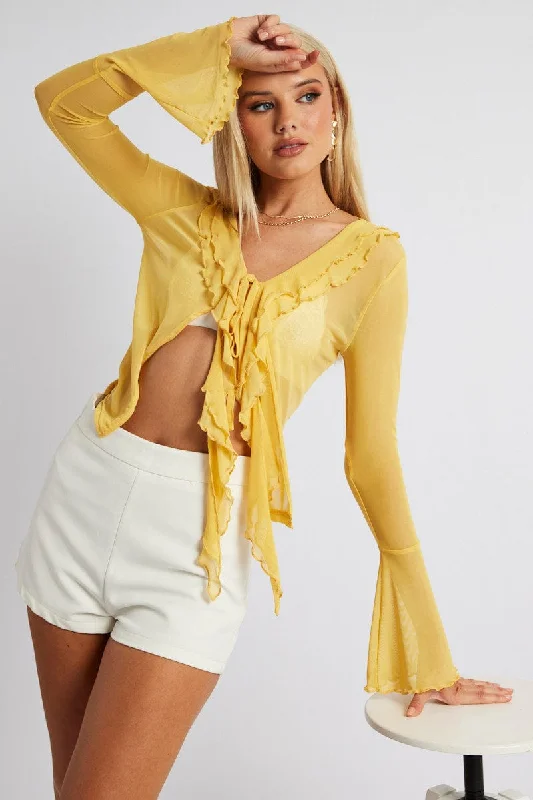 plus size women cardigan for comfortable layeringYellow Mesh Cardigan Long Sleeve