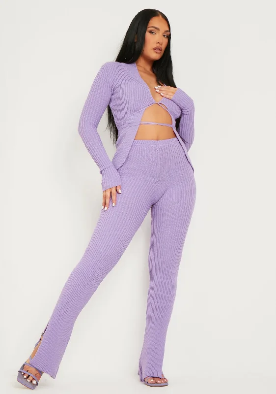 machine washable women cardigan for easy careYuna Purple Ribbed Knitted Side Split Trouser machine washable women cardigan for easy careYuna Purple Ribbed Knitted Side Split Trouser