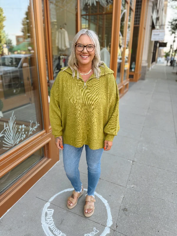 V - Neck Women's Ribbed Wool Sweaters for FallChartreuse Half Zip Sweater Top