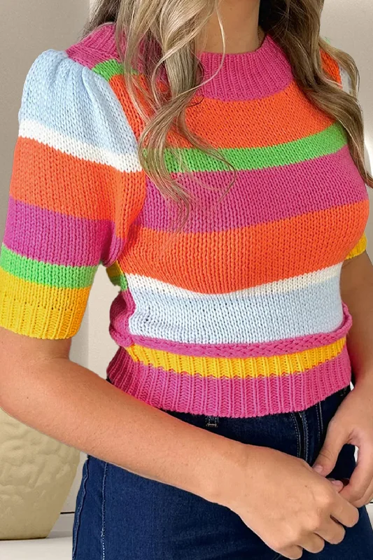 Button - Down Women's Knit Blouses with a Chunky Knit TextureColor Block Round Neck Half Sleeve Knit Top Button - Down Women's Knit Blouses with a Chunky Knit TextureColor Block Round Neck Half Sleeve Knit Top
