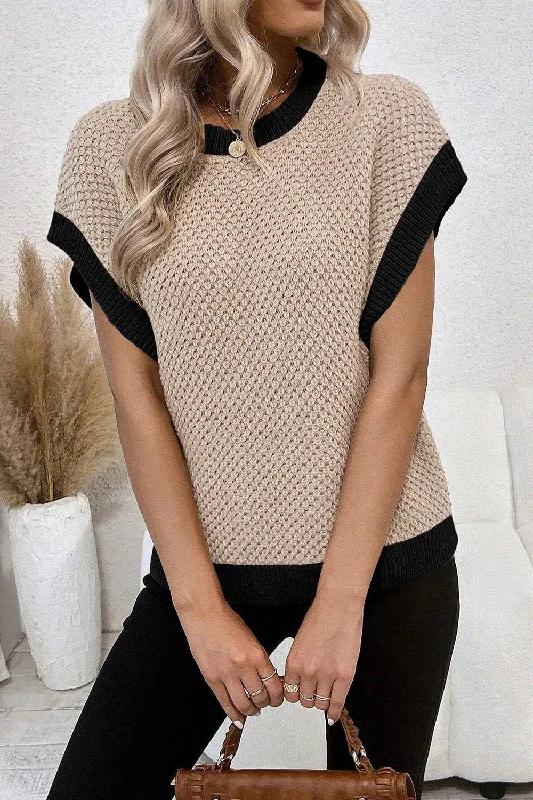 Women's Knit Boat - Neck Tops with a Loose Fit for ComfortContrast Round Neck Cap Sleeve Knit Top Women's Knit Boat - Neck Tops with a Loose Fit for ComfortContrast Round Neck Cap Sleeve Knit Top