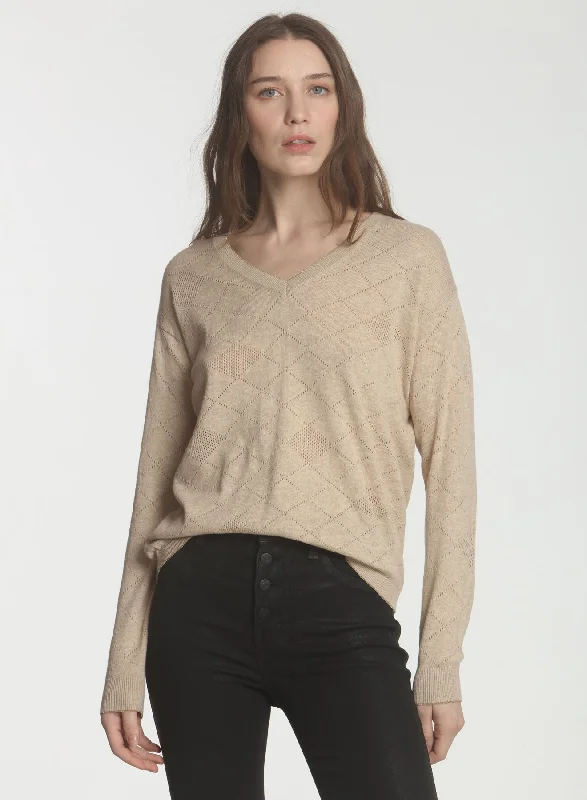 Plus Size Women's Ruffled Hem Sweaters in Floral PrintsDiamond Mesh Vee - Latte
