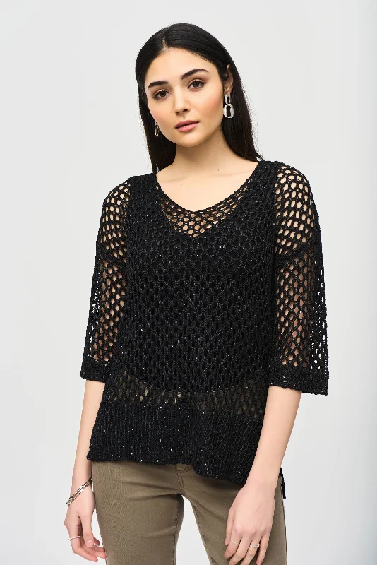 Short Sleeve Women's Cotton Blend Sweaters in Pastel ColorsJoseph Ribkoff Black Open Stitch Sweater with Sequins Short Sleeve Women's Cotton Blend Sweaters in Pastel ColorsJoseph Ribkoff Black Open Stitch Sweater with Sequins