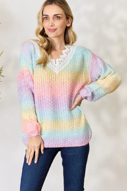 Plus Size Women's Knit Ponchos with Fringe Details for a Boho VibeRainbow Gradient Crochet Deetail Sweater Plus Size Women's Knit Ponchos with Fringe Details for a Boho VibeRainbow Gradient Crochet Deetail Sweater
