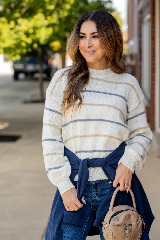Hooded Women's Fleece - Lined Sweaters for WinterRelaxed Sleeve Striped Sweater