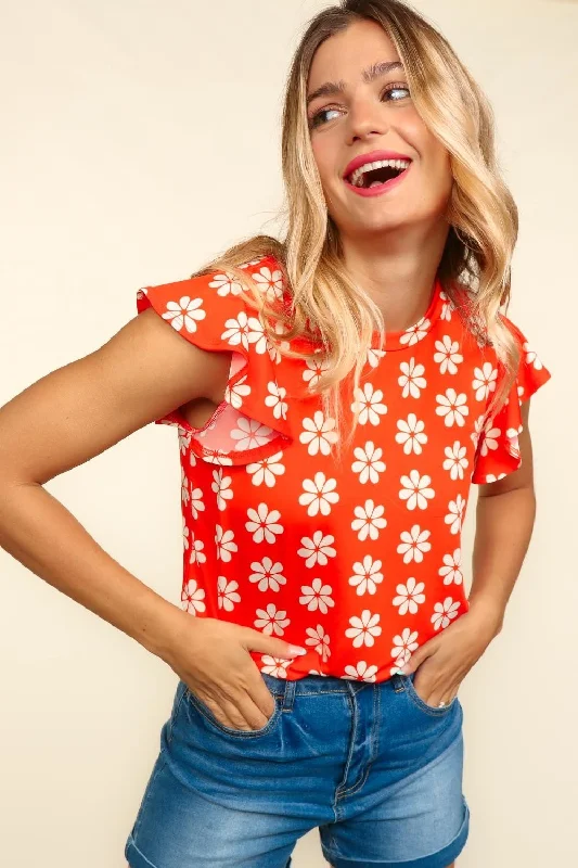 Women's Cropped Knit Tops with Ruffled Sleeves for a Feminine LookRound Neck Ruffled Floral Contrast Knit Top Women's Cropped Knit Tops with Ruffled Sleeves for a Feminine LookRound Neck Ruffled Floral Contrast Knit Top