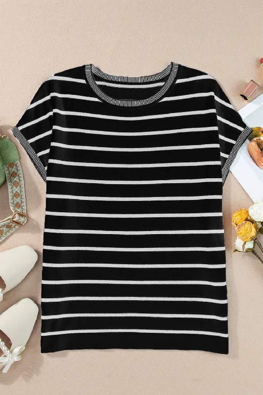 Plus Size Women's Knit Tunic Tops with Side Slits for a Flowy SilhouetteStriped Round Neck Cap Sleeve Knit Top Plus Size Women's Knit Tunic Tops with Side Slits for a Flowy SilhouetteStriped Round Neck Cap Sleeve Knit Top