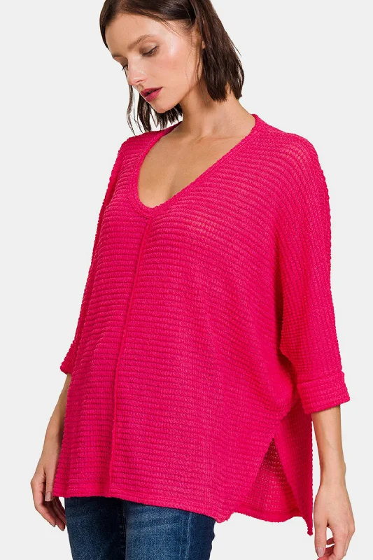 Plus Size Women's Knit Peplum Tops to Accentuate the WaistV-Neck High-Low Jacquard Knit Top Plus Size Women's Knit Peplum Tops to Accentuate the WaistV-Neck High-Low Jacquard Knit Top