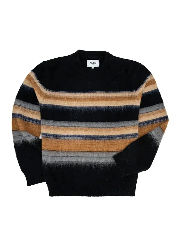 Tie - Front Women's Lambswool Sweaters in Pastel HuesWilde Brush Stripe Crew Neck- Black Tie - Front Women's Lambswool Sweaters in Pastel HuesWilde Brush Stripe Crew Neck- Black