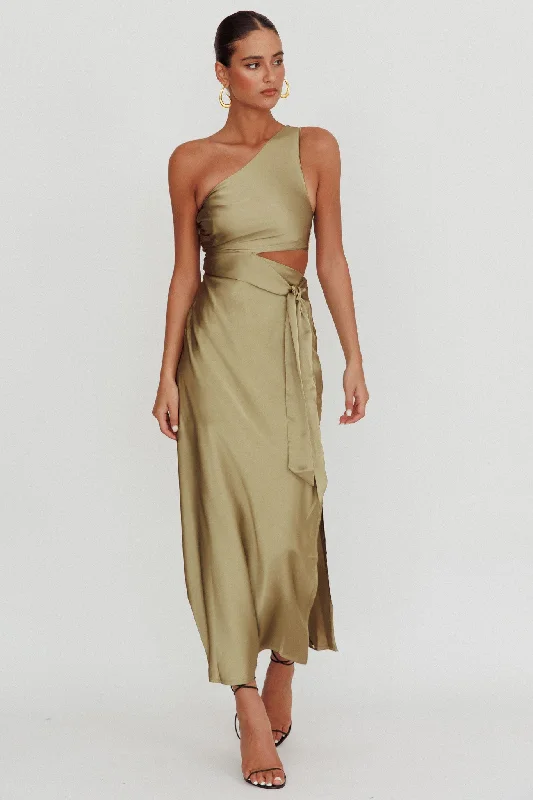 Ruffled Women Dress with Multiple Layers for a Playful and Girly StyleAbloom One Shoulder Satin Maxi Dress Khaki Ruffled Women Dress with Multiple Layers for a Playful and Girly StyleAbloom One Shoulder Satin Maxi Dress Khaki