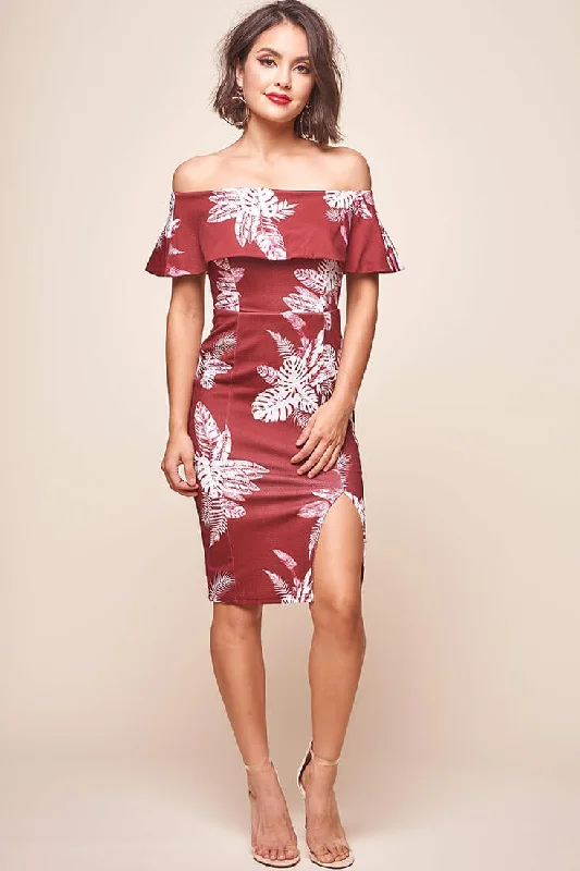 Lace - Embellished Women Dress for an Elegant and Sophisticated AppearanceAlina Tiered Off Shoulder Dress Wine Base Lace - Embellished Women Dress for an Elegant and Sophisticated AppearanceAlina Tiered Off Shoulder Dress Wine Base