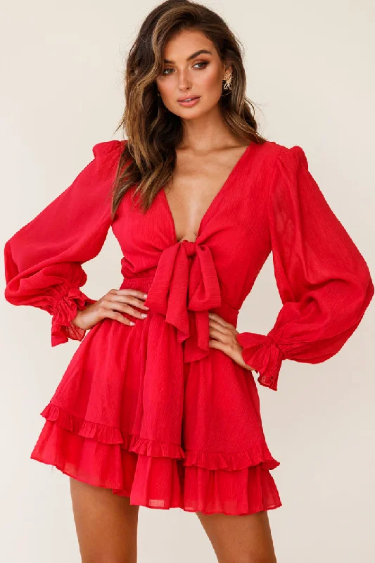 Pleated Women Dress with a Timeless and Elegant TextureAnthea Bow-Tie Front Layered Frill Dress Red Pleated Women Dress with a Timeless and Elegant TextureAnthea Bow-Tie Front Layered Frill Dress Red